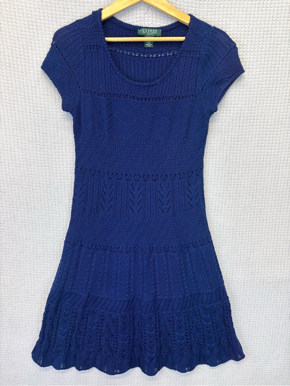 Lauren Ralph Lauren Blue Pointelle Dress Med Fit Flare French Sleeves Boho